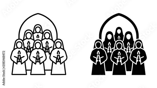 Photos Carol singers with Candles: A stylized icon depicts a group of carol singers, some in outline and some filled, holding candles during a festive celebration
