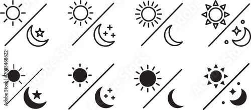 Cuadro en lienzo Day and night sun and moon icon set with line art and solid glyph style