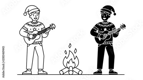 Christmas Carolers by the Fire: Two joyful figures, one in monochrome and the other in color, wear festive Christmas hats and sweaters, strumming ukuleles and singing carols around a warm campfire.