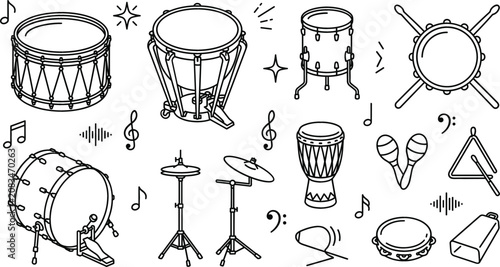 Tableau sur toile Musical percussion instruments line art vector icon set featuring drums timpani