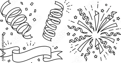 Tableau sur toile Party celebration confetti line art vector icon set featuring ribbon streamer po