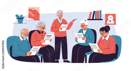 Elderly citizens participate in an educational health seminar led by a professional senior instructor in a cozy room.
