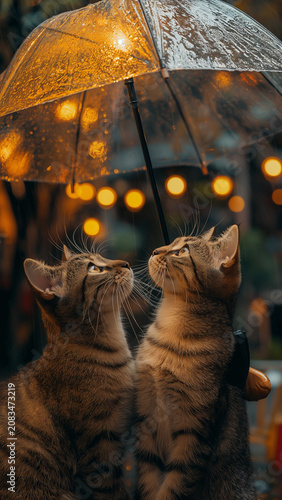 Two adorable tabby kittens sitting together under a transparent umbrella in the rain at night