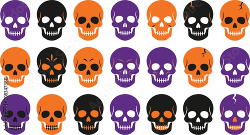 Halloween skull bundle illustration with purple, orange and black skulls