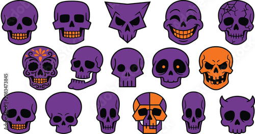 Purple cartoon skulls collection for Halloween