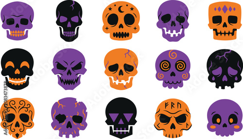 Halloween skull bundle illustration with purple, orange and black skulls