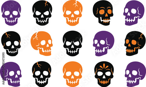 Colorful Cartoon Skulls Set in Minimalist Flat Design Style