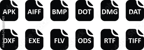 Foto Set of file format icons black silhouette isolated on transparent background, file format illustration icon symbol sign