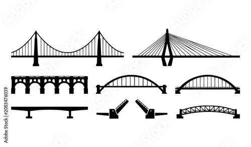 Obraz na płótnie Modern Bridge Silhouette Vector Set Featuring Suspension Cable Stayed Arch and M