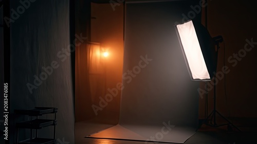 Studio lighting setup with softbox, background screen, and warm ambient light