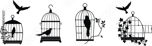 Tableau sur toile Set of bird cages with birds and ivy plants in silhouette style.