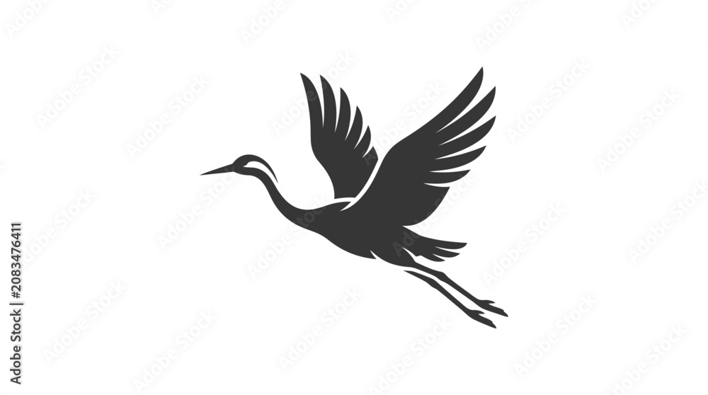 Fototapeta premium Black silhouette of flying crane bird.