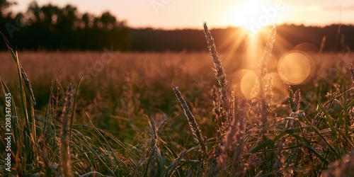 Warm golden sunset glows over a field of tall grass and wildflowers