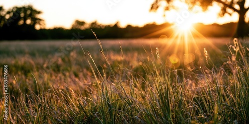 Sunbeams pierce through tall grass in a field at sunset