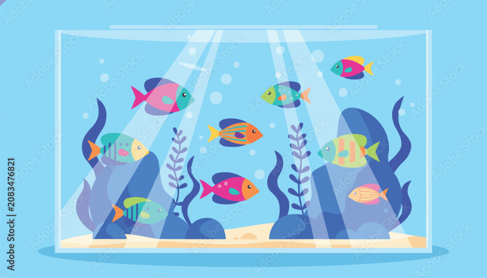 Fototapeta premium Colourful tropical fish swim inside a glass aquarium tank filled with blue water, green seaweeds, rocks, and bright sun rays.