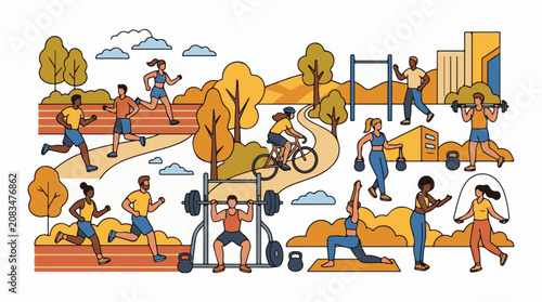 Diverse people engage in outdoor fall fitness activities like running cycling weights