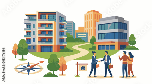 Diverse people engage in real estate transactions amidst modern city buildings