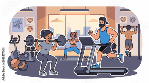 Diverse people engage in varied fitness activities within a modern gym setting