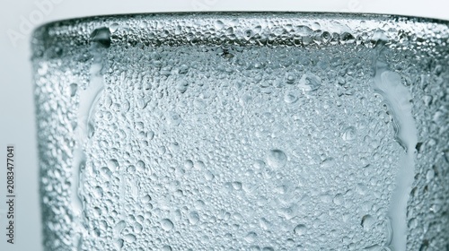 Close-up of condensation forming tiny droplets and streams on a cool glass