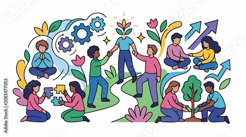 Diverse people collaborate on growth mindfulness teamwork and sustainability