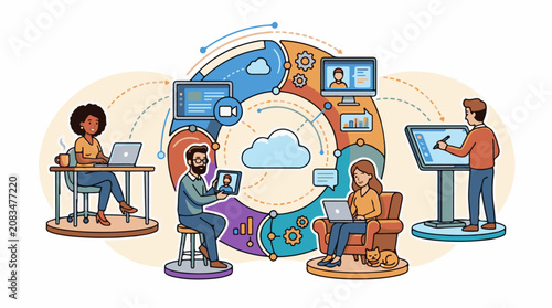 Diverse people collaborating and communicating remotely using technology
