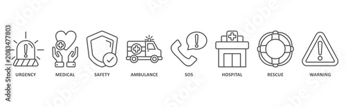 Emergency banner web icon illustration with icon of urgency, medical, safety, ambulance, sos, hospital, rescue, warning 