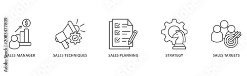 Sales Management banner web icon illustration with icon of sales manager, sales techniques, sales planning, strategy, sales targets
