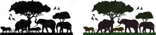 Photography Wild animals and trees silhouettes on transparent background for safari or nature designs