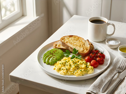 Delicious breakfast plate with scrambled eggs avocado and toast