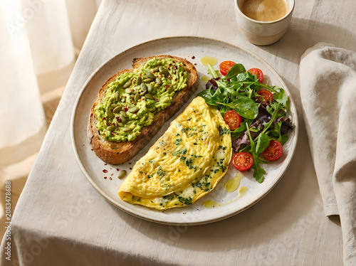 Healthy breakfast plate with avocado toast omelette and salad
