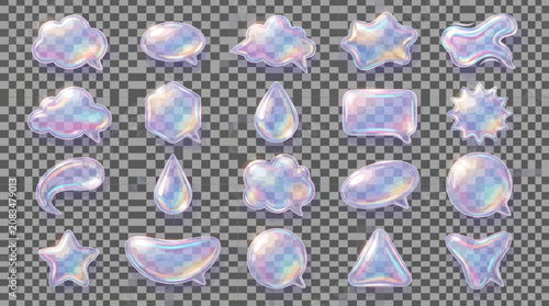 Holographic Iridescent Shapes and Speech Bubbles on Transparent Background.