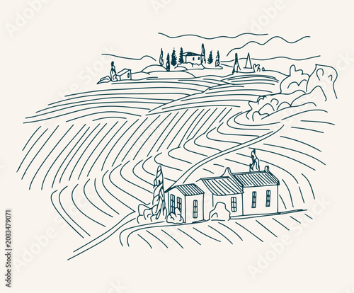 A landscape of Italian villages and fields, drawn in a line-art style.