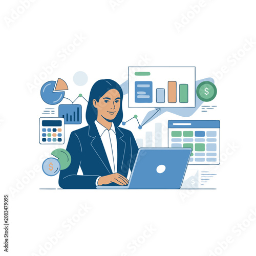 Businesswoman working on laptop with financial data analysis and digital charts.