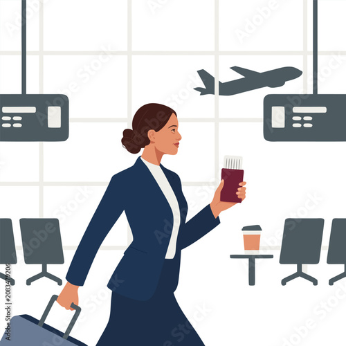 Business woman walking in airport terminal with luggage and boarding pass.