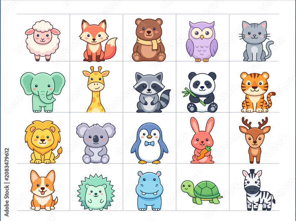 Fototapeta premium Cute Kawaii Animal Icon Collection, Set of 20 Flat Vector Illustrations