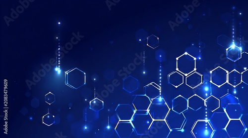 Abstract futuristic digital technology background with blue glowing hexagons and copy space, Blue neon cyber security backdrop with geometric structures, data network concept.