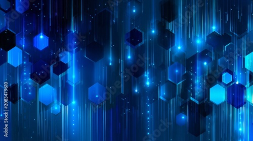 Abstract futuristic digital technology background with blue glowing hexagons and copy space, Blue neon cyber security backdrop with geometric structures, data network concept.