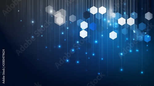 Abstract futuristic digital technology background with blue glowing hexagons and copy space, Blue neon cyber security backdrop with geometric structures, data network concept.