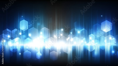 Abstract futuristic digital technology background with blue glowing hexagons and copy space, Blue neon cyber security backdrop with geometric structures, data network concept.