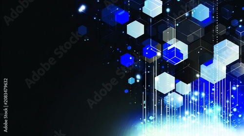Abstract futuristic digital technology background with blue glowing hexagons and copy space, Blue neon cyber security backdrop with geometric structures, data network concept.