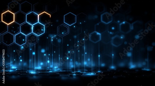 Abstract futuristic digital technology background with blue glowing hexagons and copy space, Blue neon cyber security backdrop with geometric structures, data network concept.