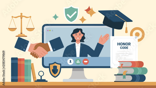 Online education and legal honor code concept with student on monitor.