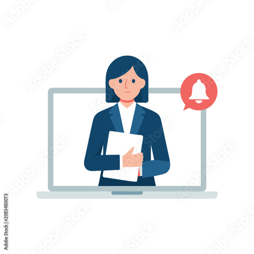 Business woman holding document emerging from laptop screen with notification bell icon.