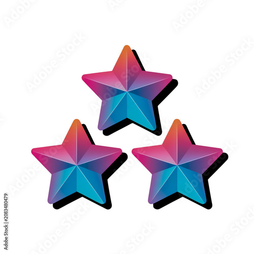 Three colorful gradient star shapes with a modern purple and blue design element on a simple surface isolated on transparent background