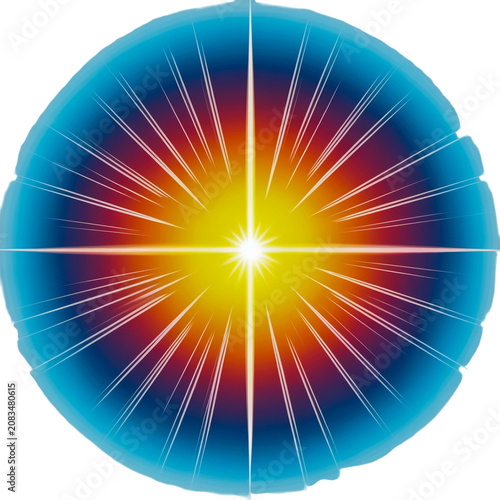 Abstract circular light explosion with glowing rays and colorful energy burst in a round shape design isolated on transparent background