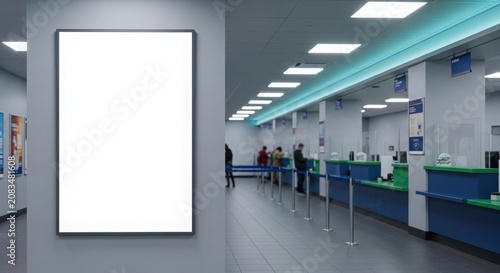 A blank vertical billboard on a wall in a modern bank or post office interior with service counters and people.