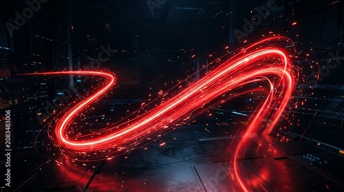 Futuristic Red Neon Light Trail Flowing Through Dark Cyber City at Night, Abstract Speed, Motion and Digital Technology Background.