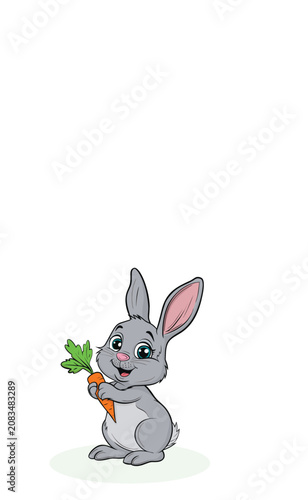 A cute gray baby rabbit cartoon character smiling and holding a fresh orange carrot, isolated on a white background, perfect for children books, easter designs, and stickers.