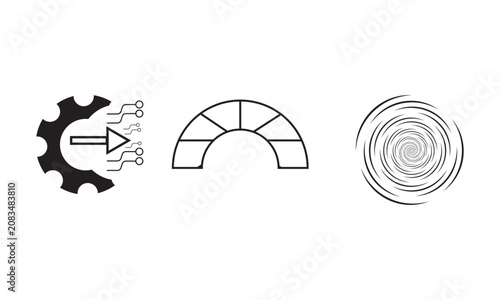 Minimalist technology and abstract icons set, black and white vector symbols, industrial gear with digital circuit and spiral vortex elements