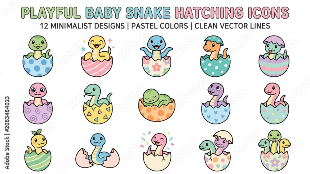 Obraz premium Minimalist vector icon sheet of cute baby snakes hatching from eggs with playful pastel color poses isolated on white